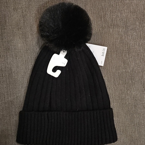 Michael Kors Cable Knit Fleece Lined Cuffed Pom Pom Winter Black Beanie hat MK main image 4